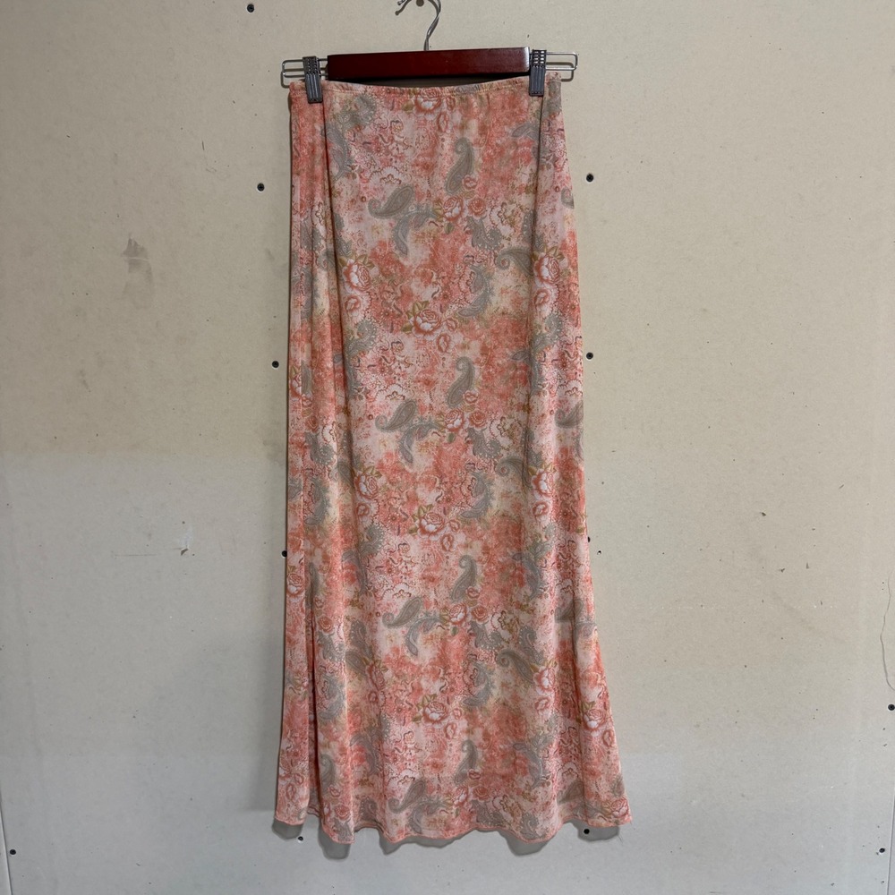 See You Monday Peach Paisley Floral Mesh Maxi Skirt Y2K Boho Medium